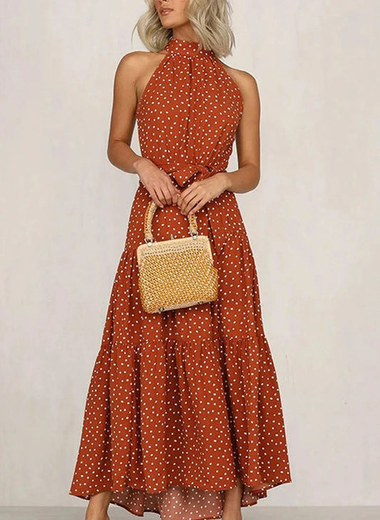 Vestido largo estampado con lazo en la cintura