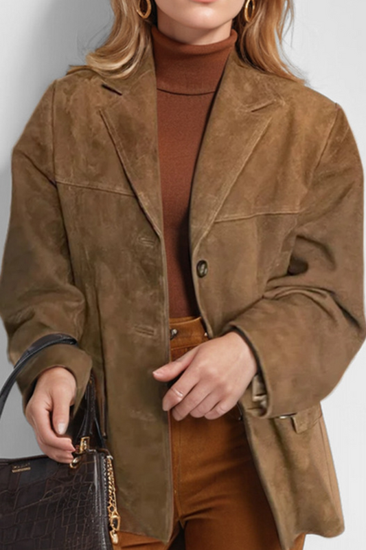 Coralie | Chaqueta café vintage con bolsillos de solapa y botones