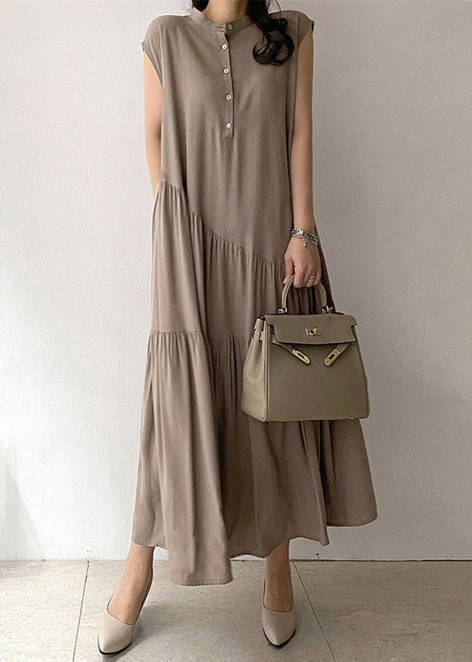 Vestido largo de mujer de algodón color caqui con bolsillo de botones