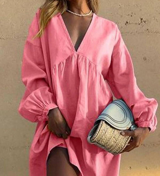 Vestido casual con cuello en V y mangas farol plisadas