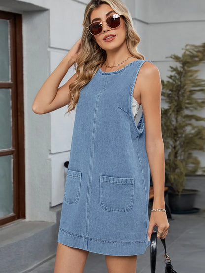 denim mono-vestido con cuello redondo