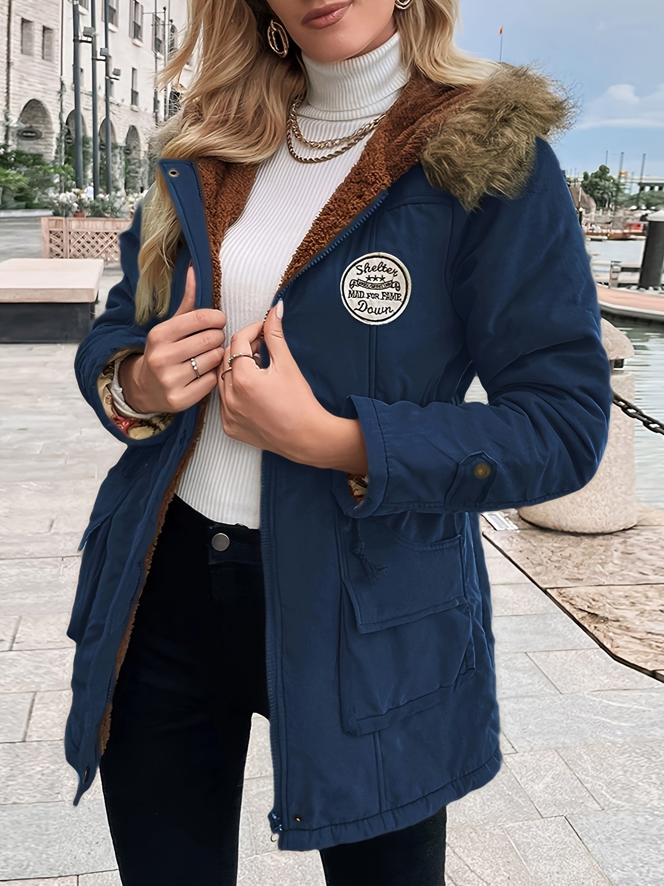 Cálida chaqueta de invierno acolchada de algodón con cuello de piel sintética para mujer | Ideal para otoño/invierno
