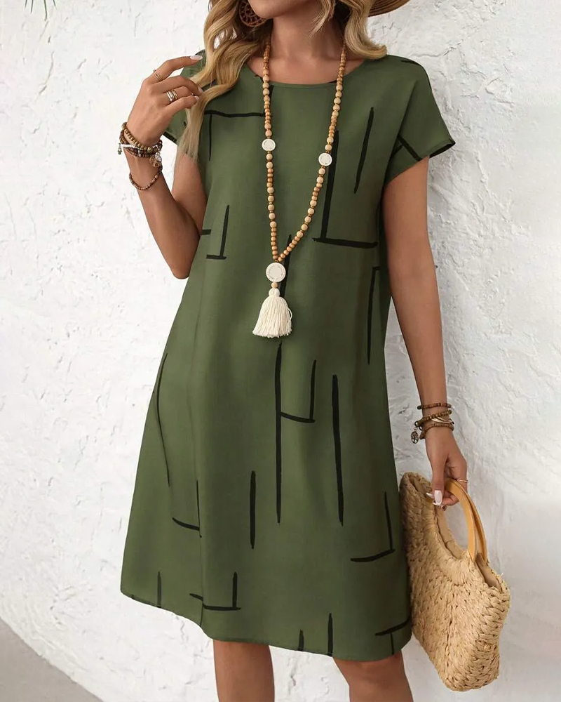 Damska Sukienka Geometryczny Wzór Krótki Rękaw