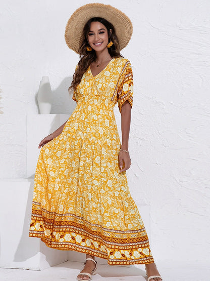 Vestido de cuello en V con estampado de cintura alta
