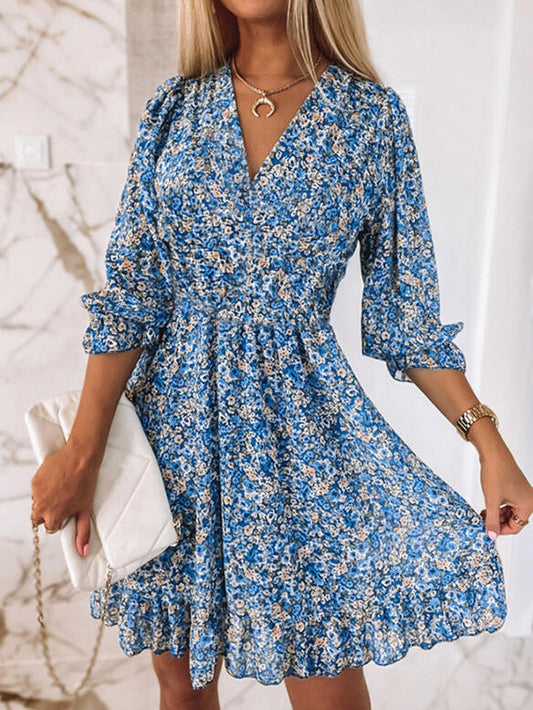 Vestido estampado boho de manga corta y estampado floral