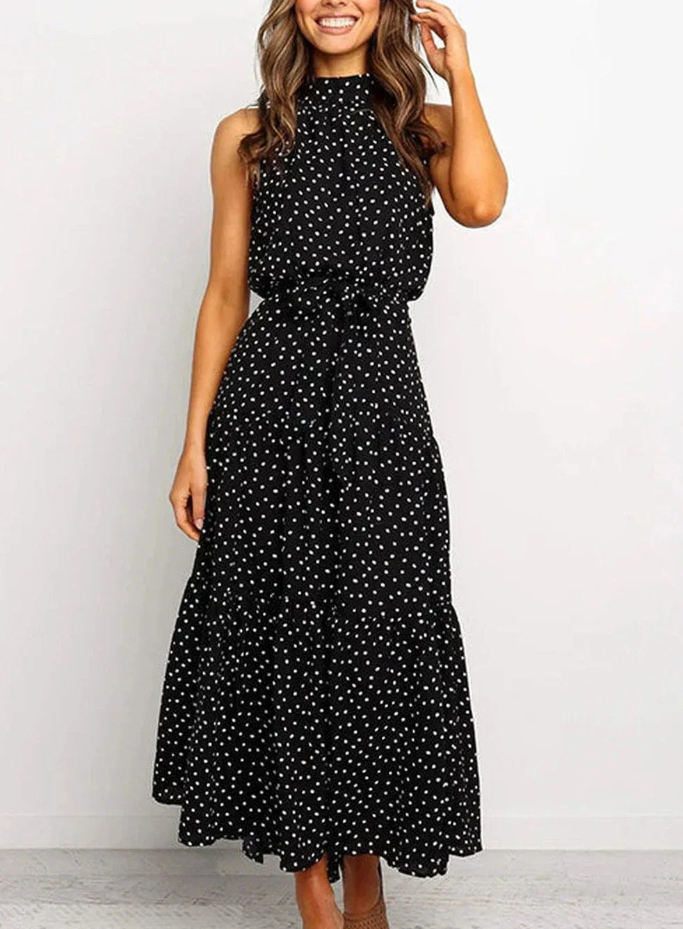 Vestido largo estampado con lazo en la cintura