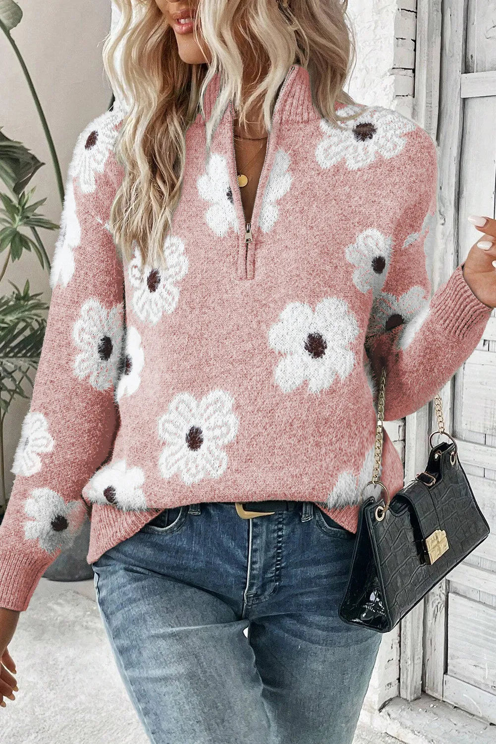 Alison - jersey de punto con media cremallera y estampado floral