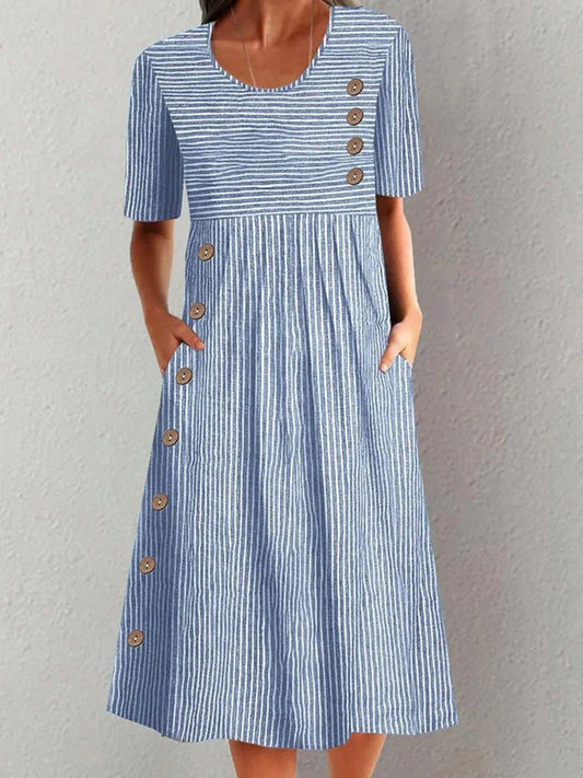 Vestido midi casual con rayas y manga corta