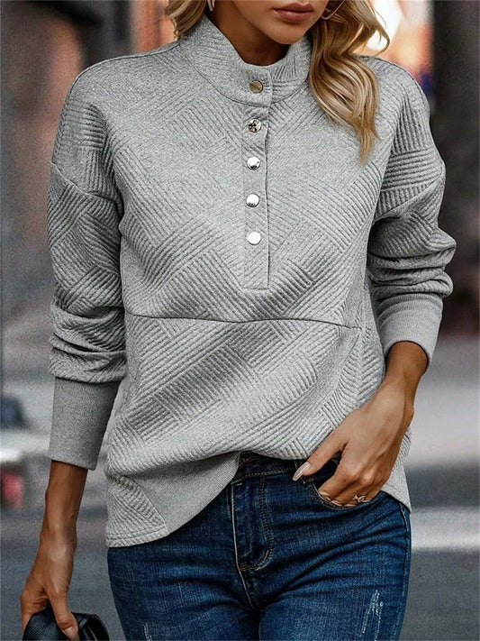 Jersey largo de mujer con cuello en V | textura informal con mangas de colores en Gris