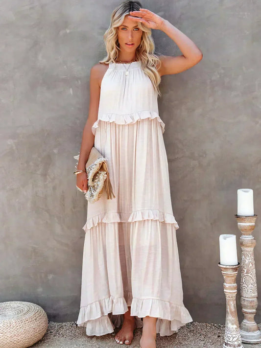 maxi vestido halter con volantes