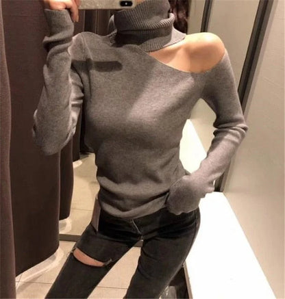 Elegante jersey de punto para mujer con hombros redondeados | jersey de cuello alto y manga larga