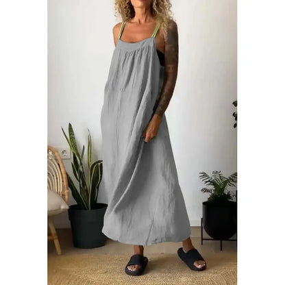 Vestido largo de chambray con bolsillos y tirantes en contraste en azul beau