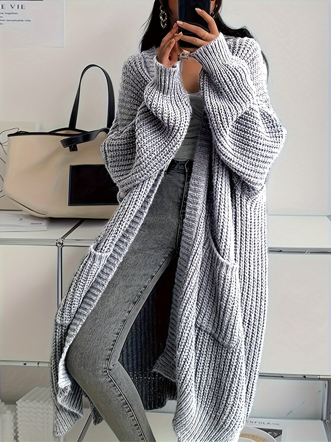 Chaqueta casual larga de lana con bolsillos cosidos para mujer | Perfecta para el día a día