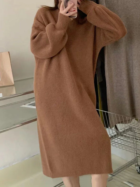 vestido midi para mujer verde con cuello alto y manga larga