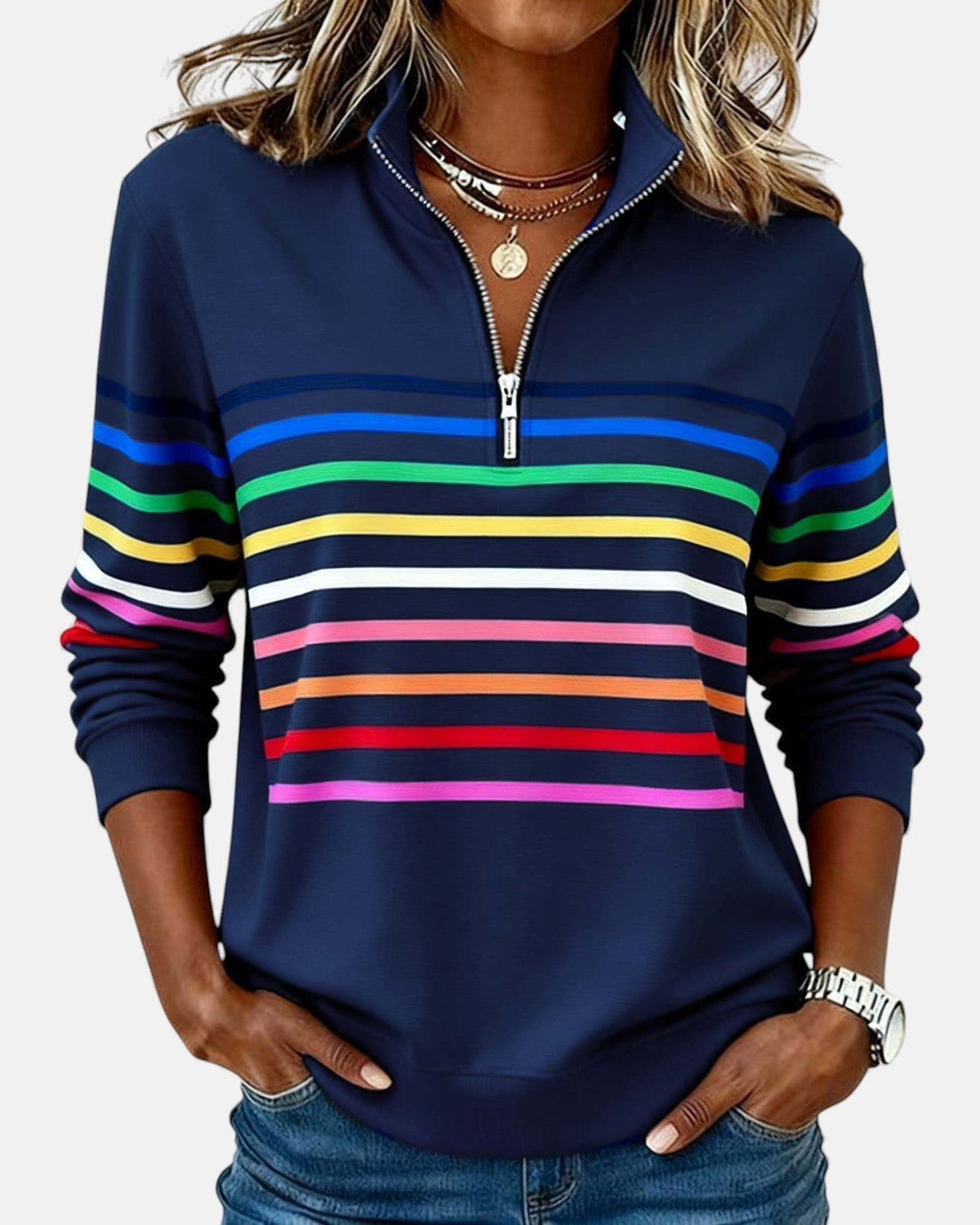 Damska Bluza Pullover W Paski Z Zamkiem Pod Szyją