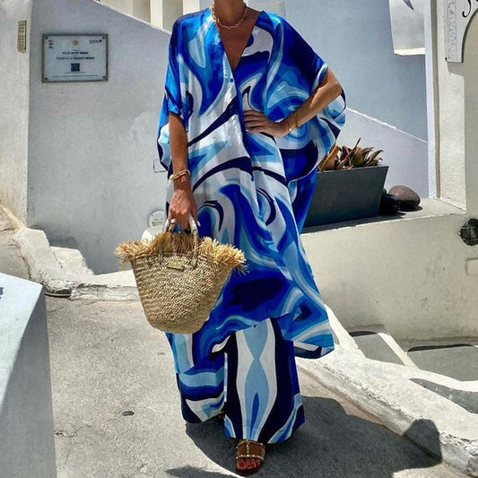 Europea y Americana de Moda-Manga Batwing Top-Pantalones-con-piernas anchas-conjunto de dos piezas