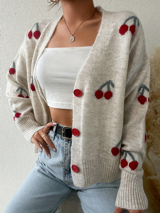 Chaqueta / Cardigan Casual de Mujer con Botones y Estampado de Cerezas | Ligera | calentita | Perfecta para Otoño/Invierno