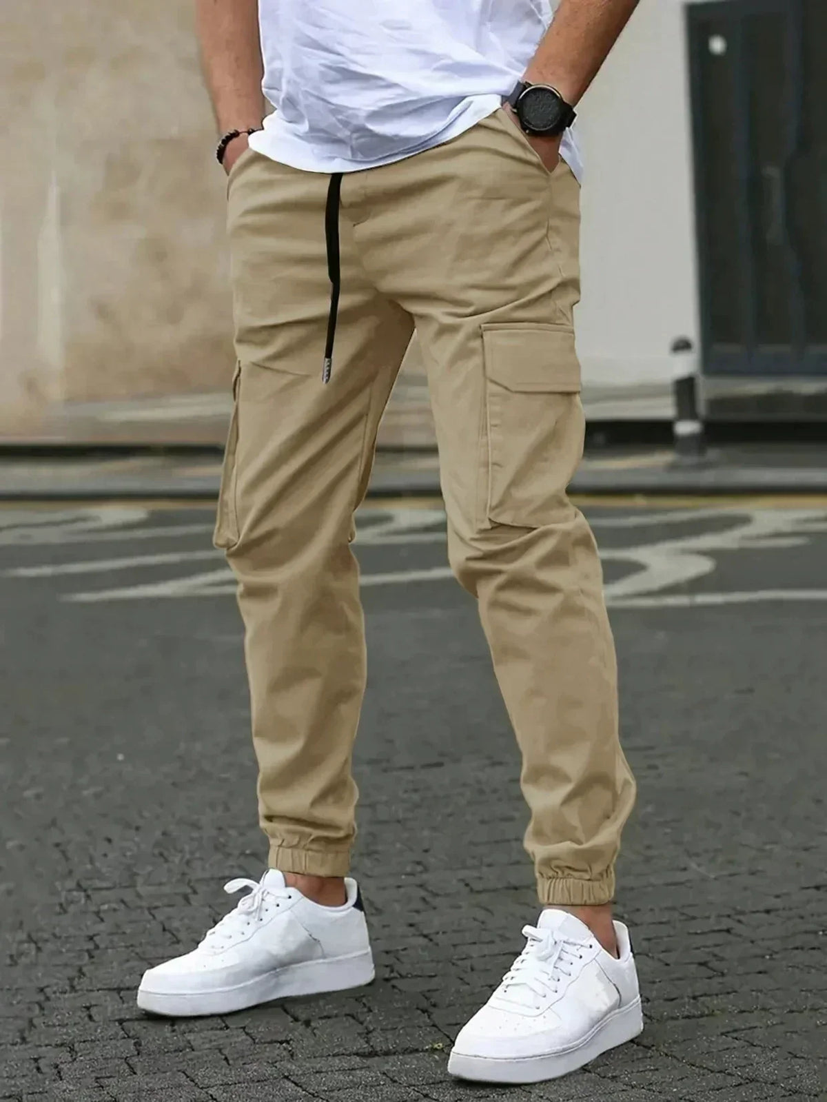 Męskie Luźne Spodnie Cargo z Ściągaczami w Stylu Jogger