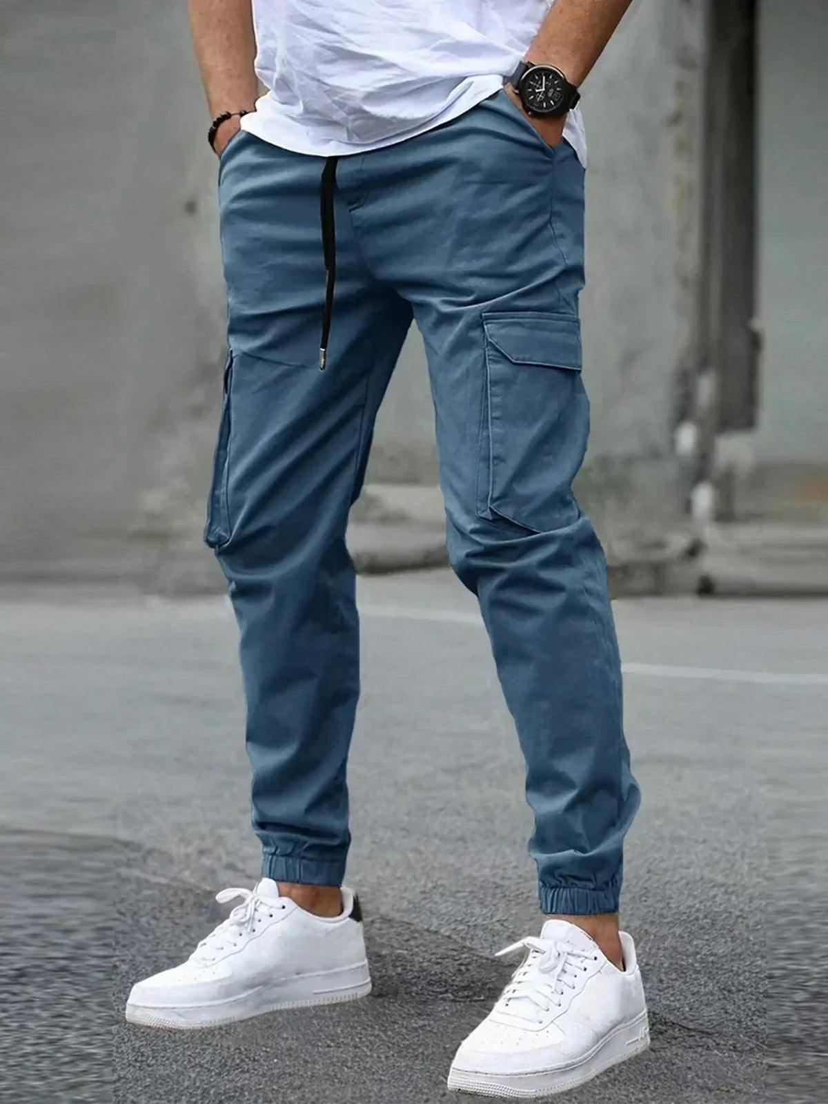 Męskie Luźne Spodnie Cargo z Ściągaczami w Stylu Jogger