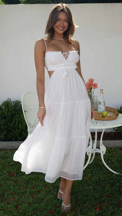 Maxi vestido sin mangas con costuras y volantes