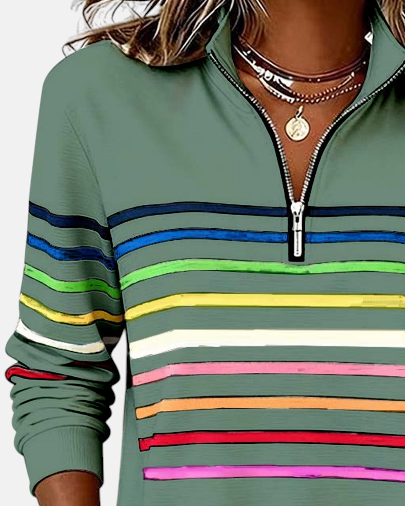 Damska Bluza Pullover W Paski Z Zamkiem Pod Szyją