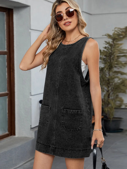 denim mono-vestido con cuello redondo