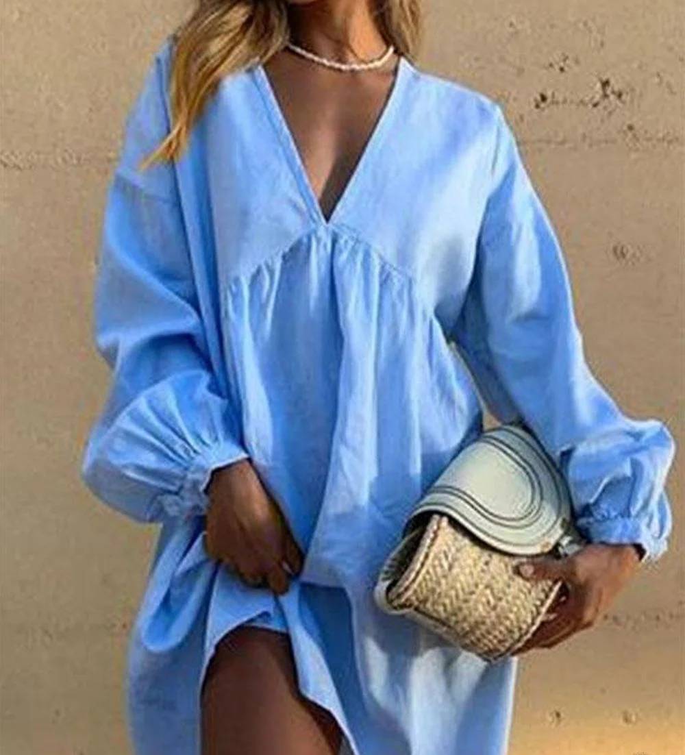 Vestido casual con cuello en V y mangas farol plisadas