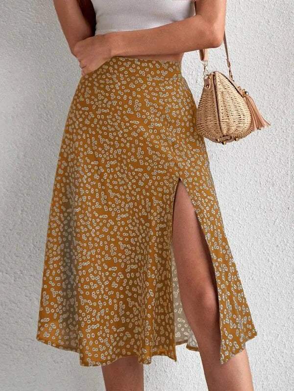 Falda Midi | Estampado floral | Cintura alta, Elegante abertura, Tejido vaporoso | Perfecta para los días de verano