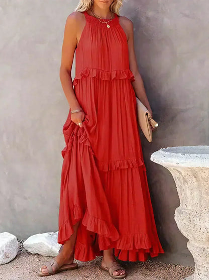 maxi vestido halter con volantes