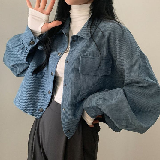 Chaqueta de terciopelo acanalado azul para mujer