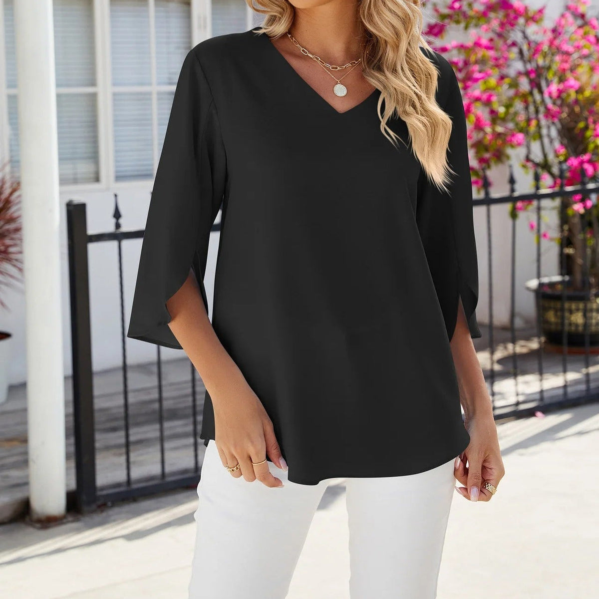 Damska Bluzka V-Neck Z Falbaną