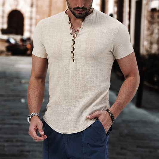 Camiseta de hombre lisa de algodón y lino con cuello henley, camiseta casual slim-fit stretch