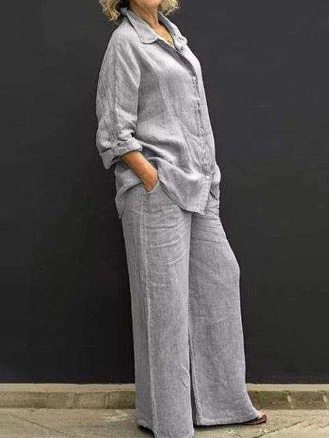 Conjunto casual de blusa y pantalón de lino