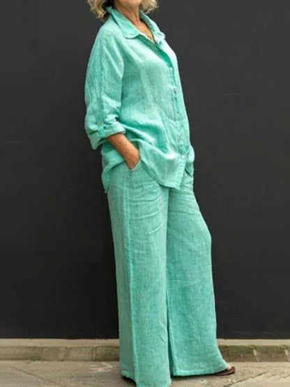 Conjunto casual de blusa y pantalón de lino