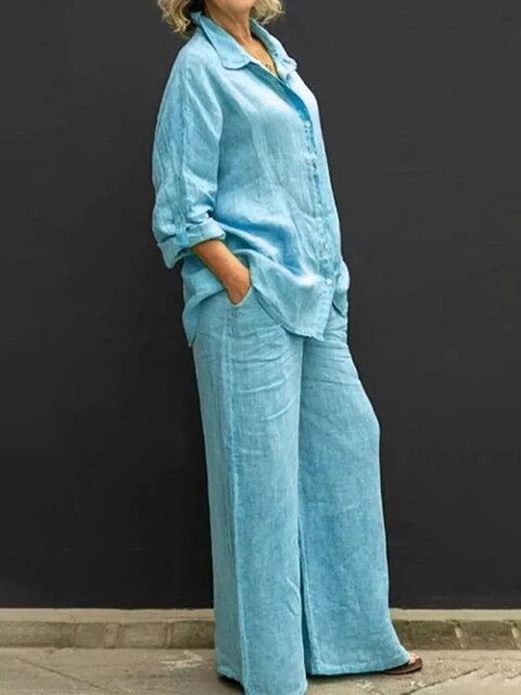 Conjunto casual de blusa y pantalón de lino
