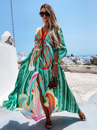 Dewitt - Vestido de playa boho con escote corazón, mangas murciélago, corte largo y estampado