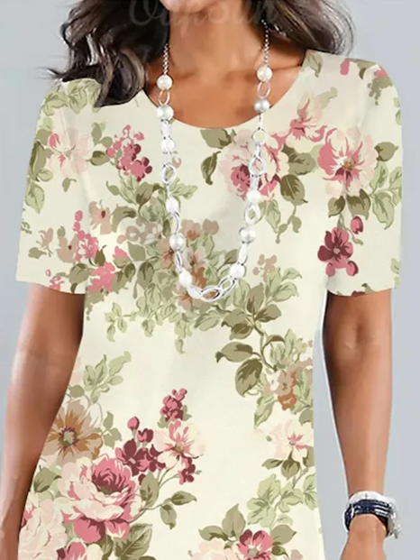 Ensley - Elegante vestido midi floral suelto para fiestas en el jardín con escote redondo