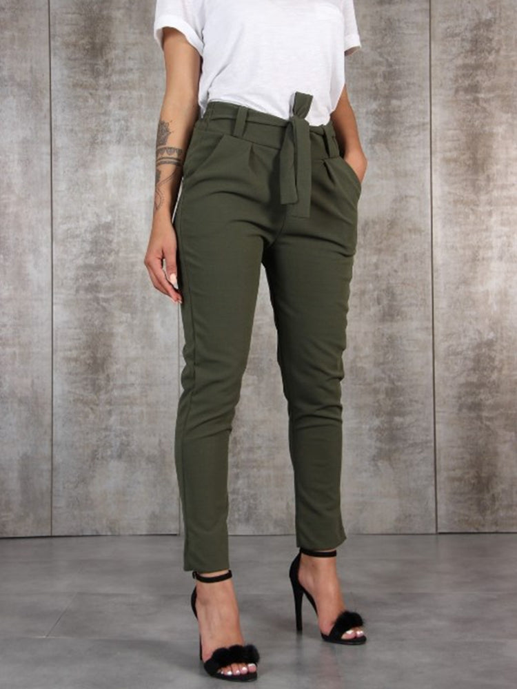 Valérie - Pantalón slim-fit de gasa de seda con cintura elástica y lazo en la cintura