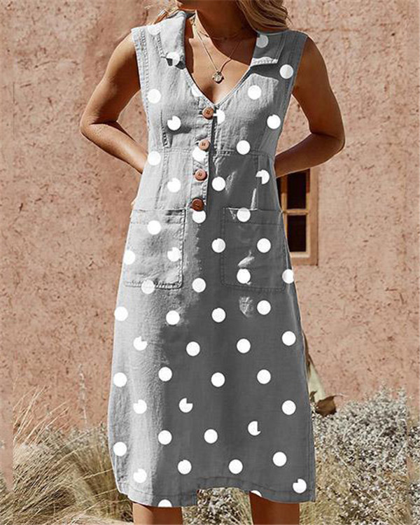 Vestido elegante con bolsillos y lunares, abotonado, en talla grande