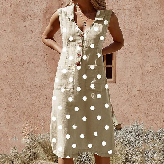 Vestido elegante con bolsillos y lunares, abotonado, en talla grande