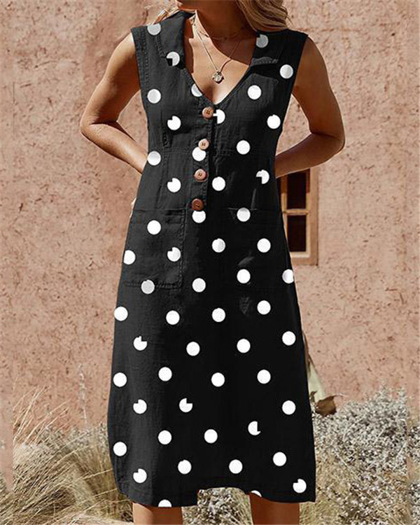 Vestido elegante con bolsillos y lunares, abotonado, en talla grande