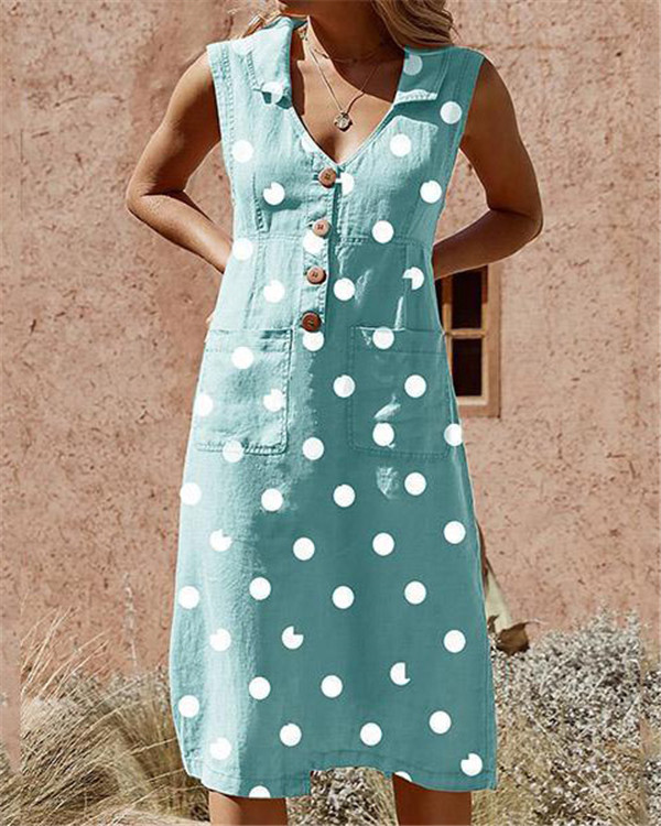 Vestido elegante con bolsillos y lunares, abotonado, en talla grande