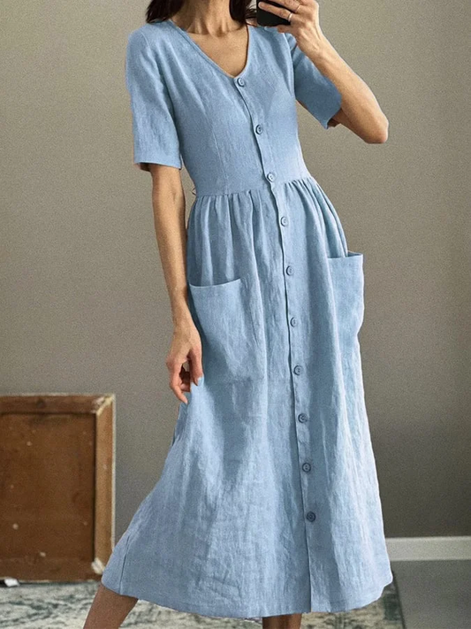 Vestido casual liso con cuello en V y bolsillos