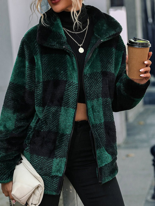 Chaqueta de cuadros de doble botonadura para mujer con acogedor cuello | Cálida y elegante
