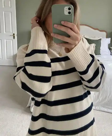 Tina - Elegante jersey de otoño de punto a rayas blancas y negras para mujer