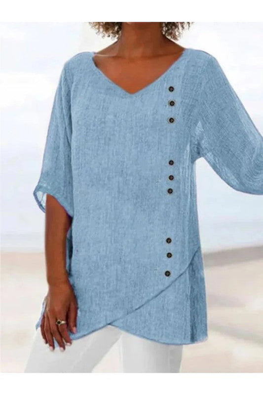 Camila Blusa Casual Azul Cuello en V Media Manga Sólida con Botones