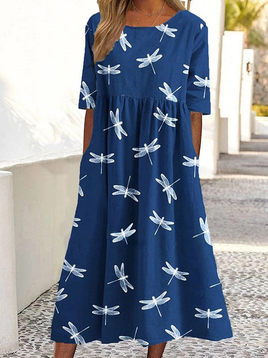 Sophine - Vestido redondo de manga corta con estampado de libélulas