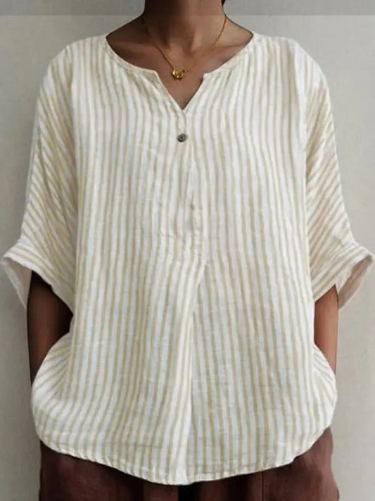 Angela - Blusa blanca albaricoque de cuello en V con estampado de rayas y media manga
