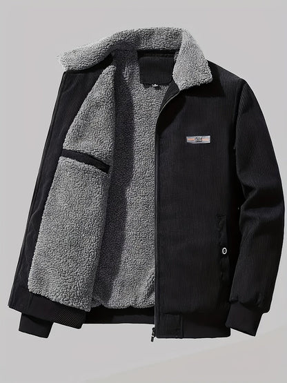 Chaqueta de invierno casual retro de pana polar con parche de etiqueta para hombre | Ideal para otoño/invierno