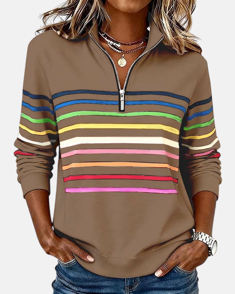 Damska Bluza Pullover W Paski Z Zamkiem Pod Szyją